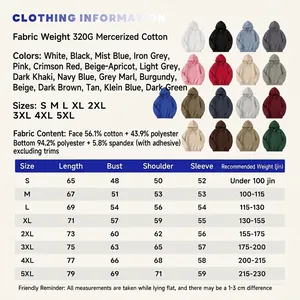 Detailed size chart and color options for 320G oversized solid color hoodie