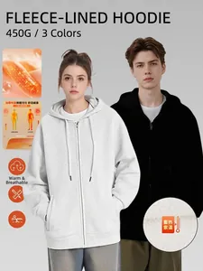 Men's Heavyweight Fleece Lined Zip Up Hoodie Solid Color Loose Fit Sweatshirt Long Sleeve Autumn Winter Top Jacket