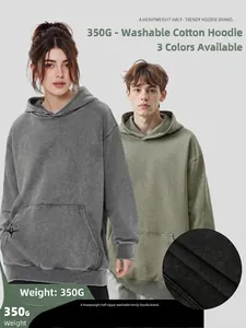 Sweat à Capuche en Coton Lourd Lavage Vieilli Vintage Américain pour Hommes Coupe Ample Streetwear Retro Pullover Top