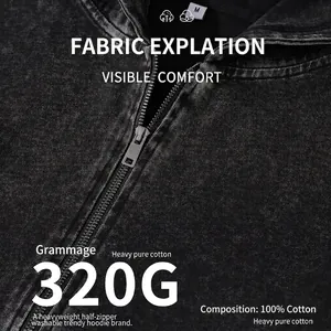 Felpa con cappuccio e zip in cotone lavato pesante 320G da uomo con trama vintage