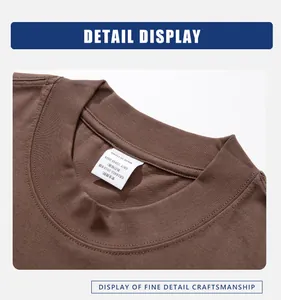 Close-up of the reinforced crewneck detail on a brown heavy 260g cotton t-shirt