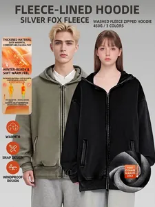 Men's Vintage Washed Distressed 450G Heavyweight Fleece Lined Zip Up Hooded Sweatshirt Jacket Oversized Streetwear Warm Top