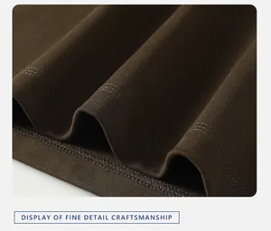 Close-up of fine double-stitched hem on 350G heavyweight brown cotton t-shirt