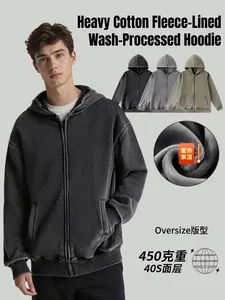 Men Washed Distressed Fleece Zip Up Hoodie Heavyweight Retro Streetwear Oversized Winter Thermal Hooded Cardigan Jacket Top