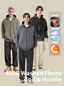 Heavyweight 450G washed fleece zip-up hoodie for men, available in three versatile colors.