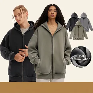 Sweat à Capuche Zippé Polaire Lourd Vintage Délavé pour Homme Streetwear Veste à Capuche Couleur Unie Haut Chaud Hiver