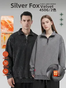 American Vintage Heavyweight Washed Distressed Half-Zip Stand Collar Fleece-Lined Sweatshirt Retro Loose Casual Top For Men Women Streetwear