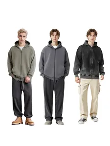 High-quality men's 450G vintage washed heavy cotton fleece zip-up hoodies, multi-color set