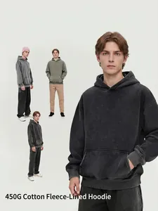 Premium 450G heavyweight washed cotton fleece lined hoodie for men and women streetwear