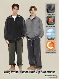 Heavyweight 450G vintage washed fleece half-zip hoodie sweatshirt for men's streetwear.