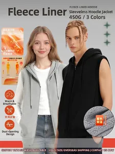 Men Heavyweight 450G Polar Fleece Hooded Vest American Streetwear Casual Zip-Up Fleece Cardigan Sleeveless Hoodie Top