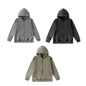 Sweats à capuche zippés doublés polaire 450g gris noir et olive délavés pour homme