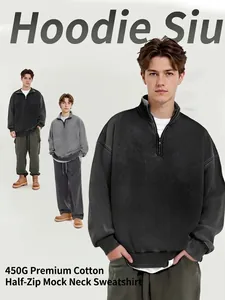 Professional 450G heavy washed distressed half-zip sweatshirt with vintage American style