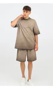 Vintage washed two-tone gradient t-shirt and shorts set for men with loose fit