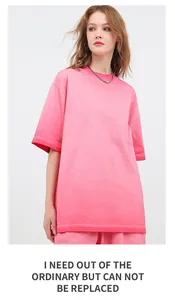 Fashionable pink gradient vintage washed oversized cotton t-shirt with crew neck detail
