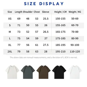 350g heavy cotton loose fit short sleeve t-shirt with detailed size chart display