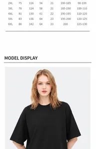Detailed size chart for oversized pure cotton T-shirt with a professional model display