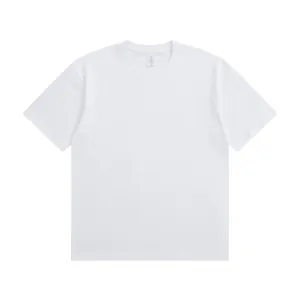 Front view of white loose-fit cotton t-shirt with crew neck and drop shoulder