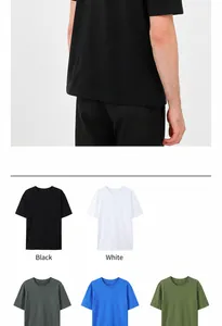 Men's solid cotton T-shirt flat lay variants in multiple colors and model wearing view.