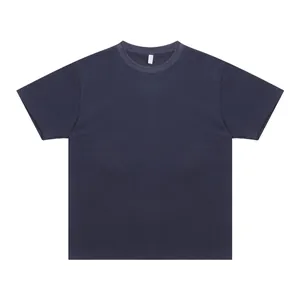 Professional front view of heavyweight navy cotton t-shirt with detailed rib neckline