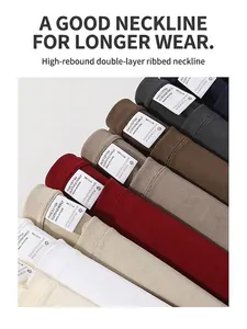 Detail view of high-elasticity double-layer ribbed neckline on heavy cotton t-shirts in various colors.