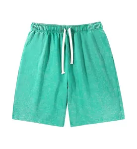 Men's heavyweight 300g pure cotton washed vintage acid-wash shorts in vibrant mint green