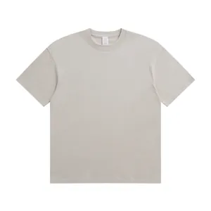 Detailed view of a loose-fit round neck cotton T-shirt in light grey marl color