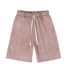 Vintage washed distressed heavy cotton shorts for men with white drawstring detail