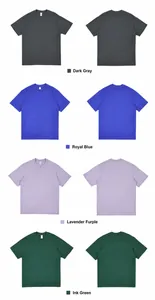 Detailed view of 230g heavy cotton T-shirts in dark grey, sky blue, lavender and dark green
