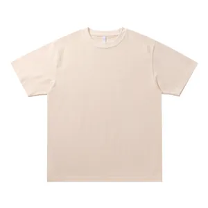 Detail of a 330g heavyweight beige cotton T-shirt showing high-quality fabric texture.