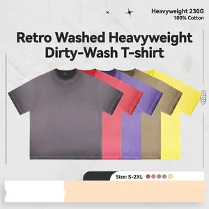 Men American Vintage Washed Cotton T-Shirt Heavyweight 230G Gradient Dirty Wash Casual Loose Fit Short Sleeve Top