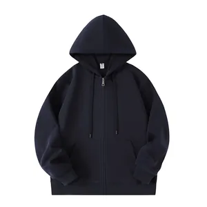 Premium classic 320g solid navy blue loose fit drawstring zip-up hoodie for men