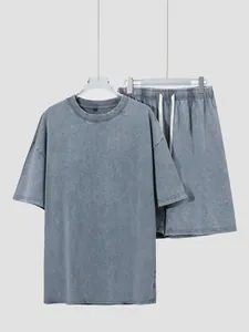 Vintage acid-wash grey men's 240g cotton t-shirt and shorts set for summer streetwear