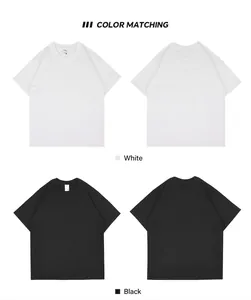 Detail view showing white and black heavyweight cotton drop shoulder t-shirts in plain style.