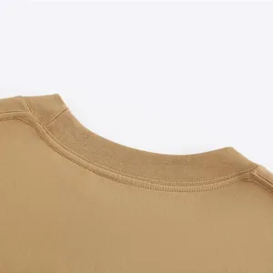 Macro detail shot of a 270g heavy pure cotton khaki round neck T-shirt with ribbed collar