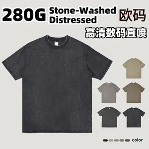 Men's Heavyweight 280g Cotton T-Shirt Vintage Salt Washed Distressed Loose Fit Drop Shoulder Short Sleeve Top European Size Solid Color Casual Tee