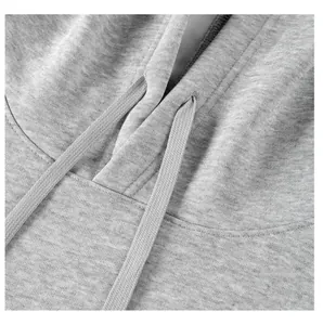 Close-up detail of grey hoodie neckline with adjustable drawstrings and soft texture