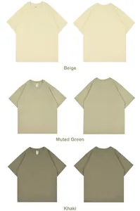 Heavyweight drop shoulder cotton T-shirts in beige, grey-coffee, and khaki tones.