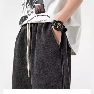 Men's retro acid-washed heavy cotton summer casual shorts with adjustable drawstring waist