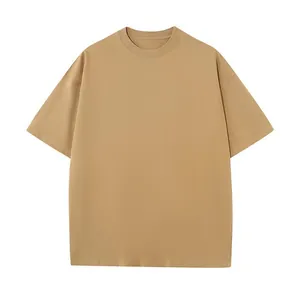 Close-up view of a premium 270g cotton khaki crew neck T-shirt with dropped shoulders