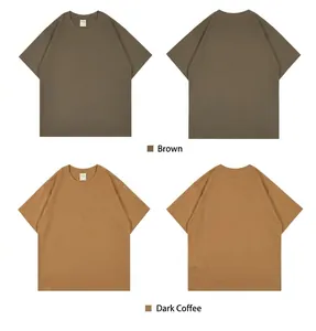 Front and back views of heavy cotton dropped shoulder t-shirts in khaki and deep coffee colors