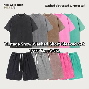 Premium heavyweight cotton washed distressed T-shirt and shorts set in multiple colors