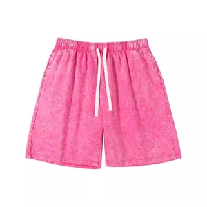 Vintage pink acid wash men's heavy cotton casual shorts with elastic drawstring waist