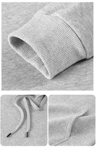 Close-up details of a grey thick fleece hoodie showing ribbed cuffs and drawstrings