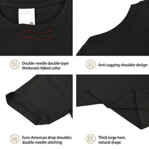 Close-up details of black 320g heavy cotton drop shoulder t-shirt with reinforced stitching