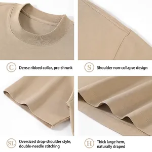 Detail view of khaki cotton T-shirt featuring rib collar and drop shoulder seams