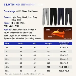 Comprehensive size chart for 420G thickened silver fox velvet thermal sweatpants for winter.