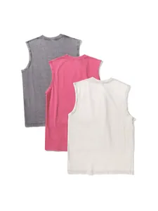 Back view of washed distressed cotton sleeveless vests in multiple vintage colors