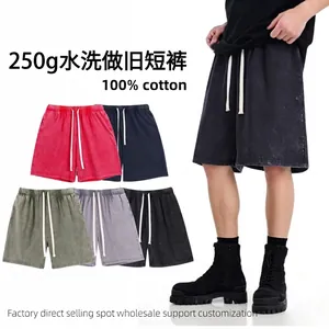 Vintage Washed Cotton Shorts For Men Distressed Heavyweight Drawstring Waist Casual Five-Point Shorts Summer Streetwear Bottom