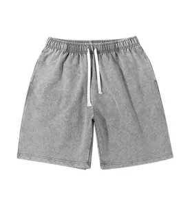 Men's heavyweight washed grey cotton casual shorts featuring elastic drawstring waistband